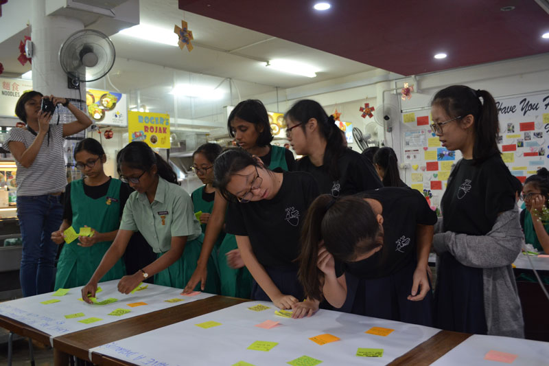 Students at Dignity Kitchen pasting post it notes on mahjong paper