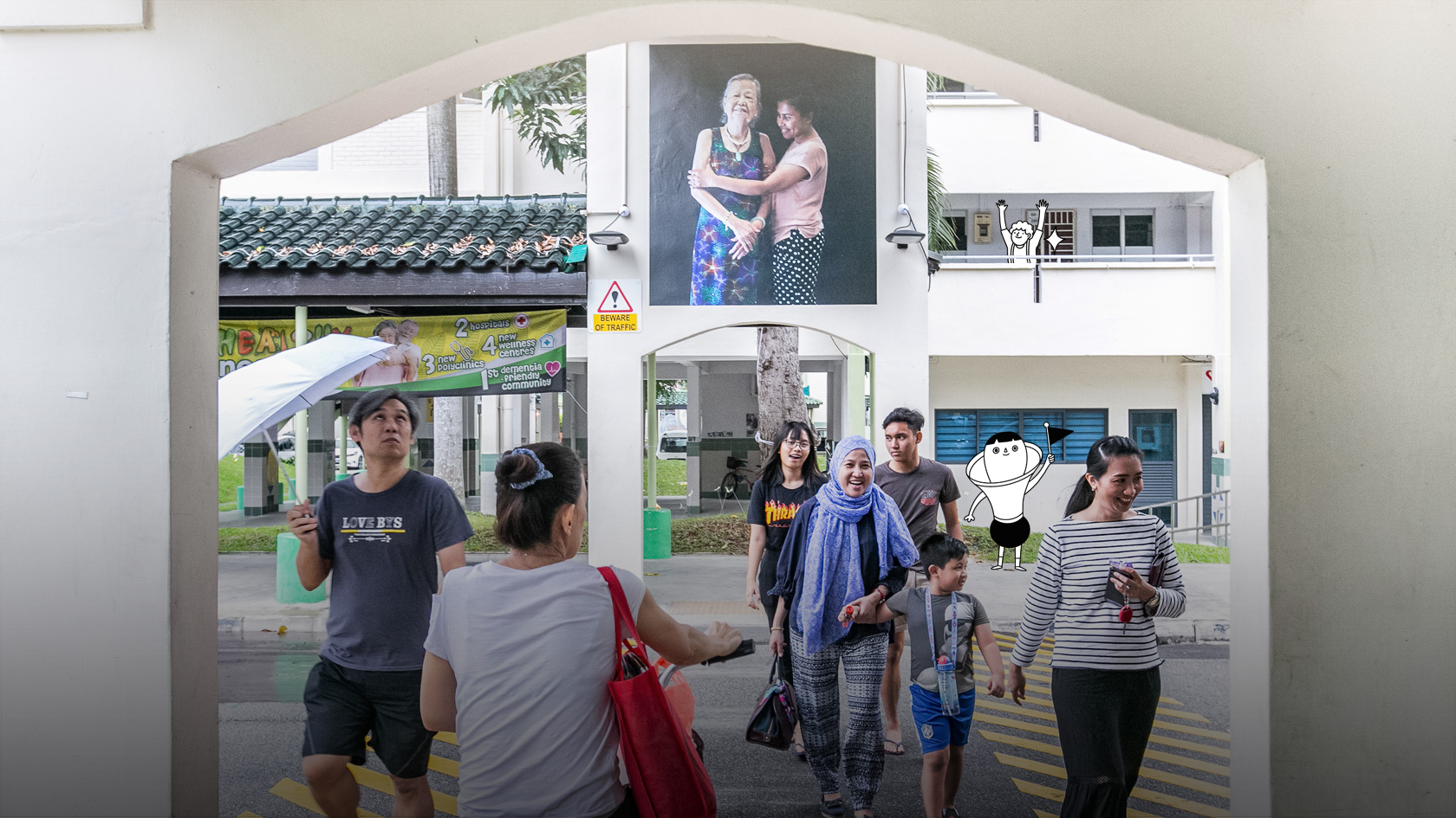 Both Sides, Now arts installation at Chong Pang with people crossing the road