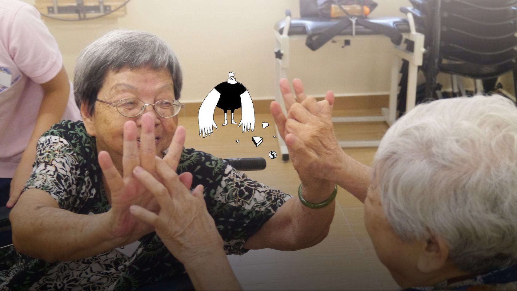 Two seated seniors hi-fiving each other