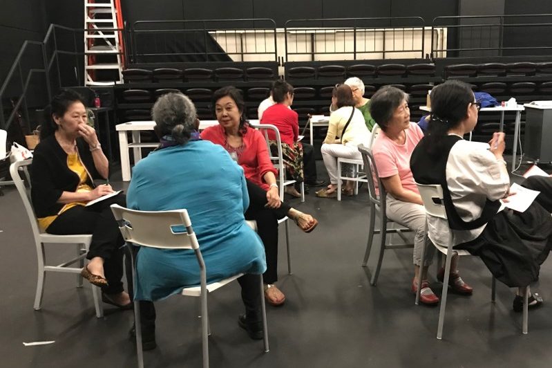 Three groups of seniors sitted in a circle discussing with each other