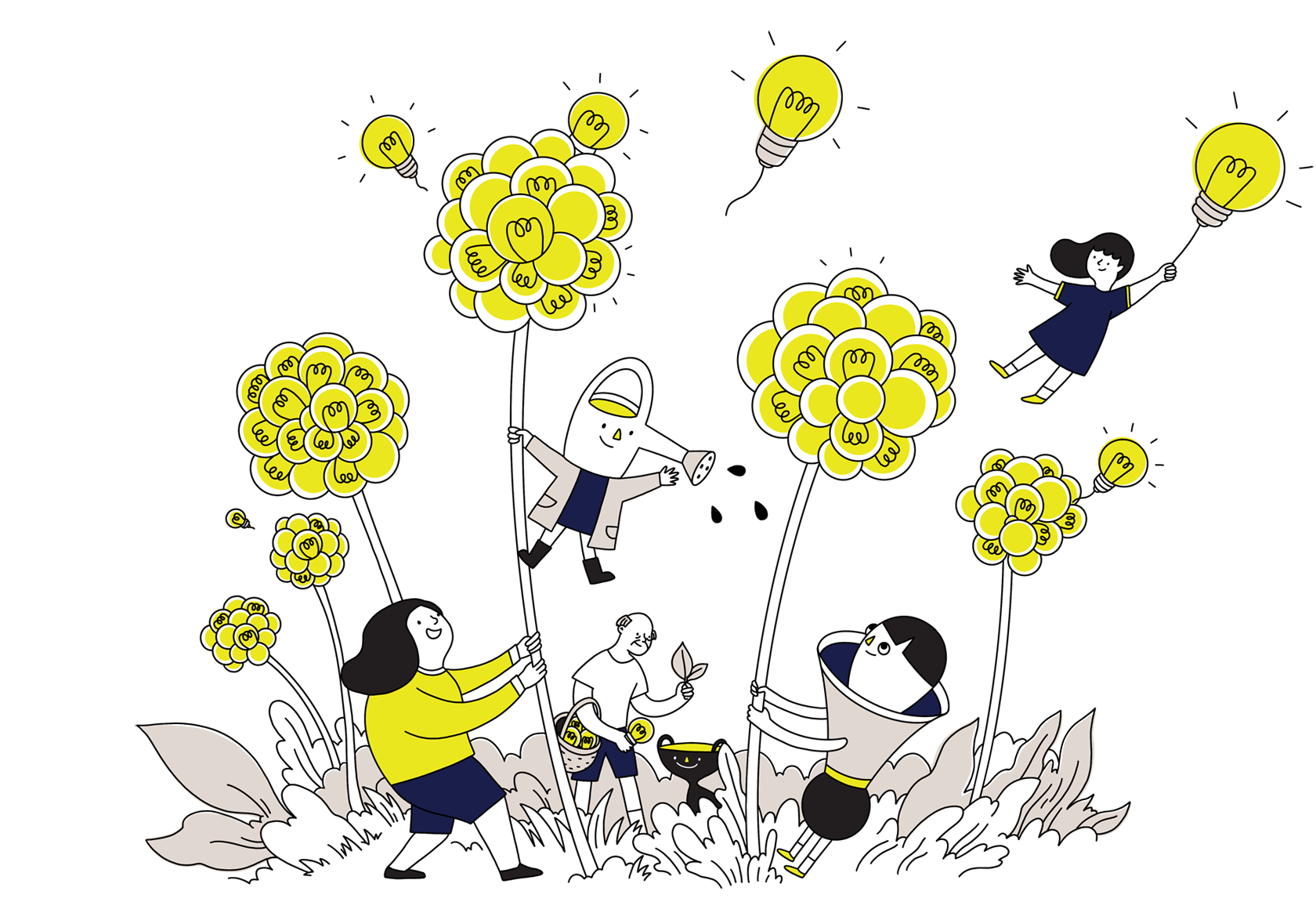 ArtsWok mascots with people in a field of dandelions with lightbulb-shaped seeds. Illustration Credit - Anngee Neo