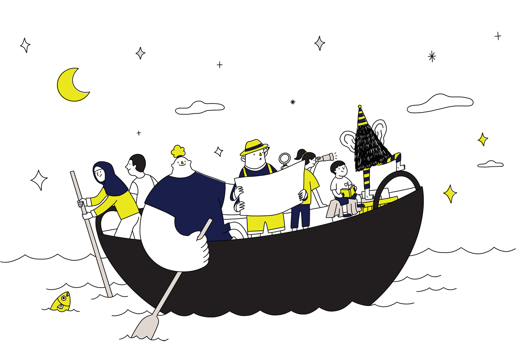 ArtsWok mascots with people together on a boat. Illustration Credit - Anngee Neo