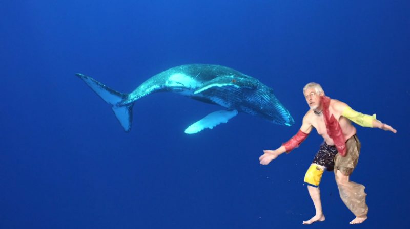 A man dressed in plastic bags and floats, is superimposed on a photo of a whale in the deep ocean.