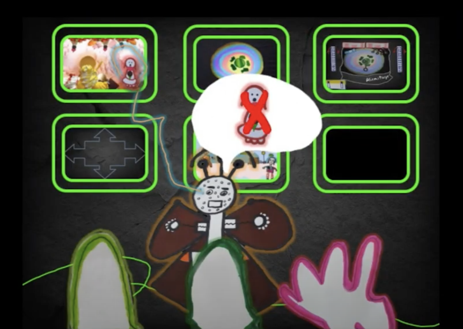 An alien with three antennae on his head wearing a brown robe. He is facing three aliens and with a speech bubble above his head. In the speech bubble, alien Faraway is crossed out in red. Behind him are six screens showing other planets.
