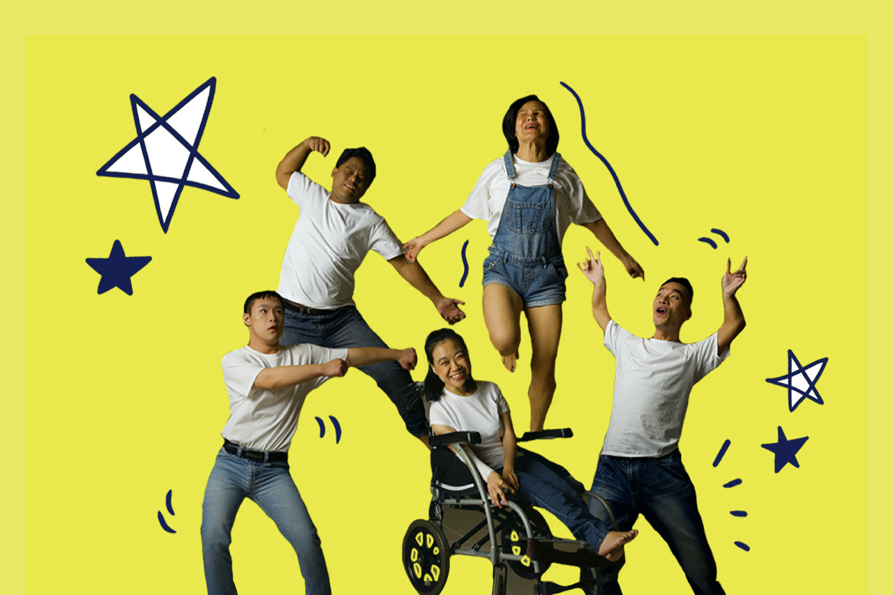 The cast in movement and with happy faces, on a yellow background and surrounded by playful cartoon stars and squiggly lines.
