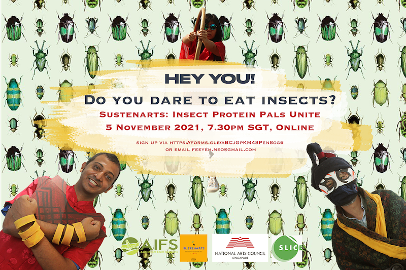 A poster for event "Sustenarts: Insect Protein Pals Unite" which was in Nov 2021. The background is of beetles, and three people are in the foreground, smiling and wearing costumes.