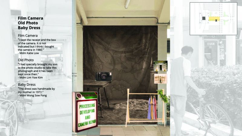 Transforming an everyday passage from the bus stop into a theatrical setting that showcases images and objects from the elders' collections. Both photo credits to Grace Ng and Seow Wei.