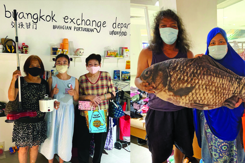 A composite of two photos. On the left, artist Salty Xi Jie Ng stands in the middle flanked by two Legendary Customers of Buangkok Exchange Department holding items they have chosen as part of Buangkok Mall Life Club (2020-2021). On the right, another two Legendary Customers are proudly holding a large fish stuffed toy that spans across both their bodies. Photo courtesy of the artist
