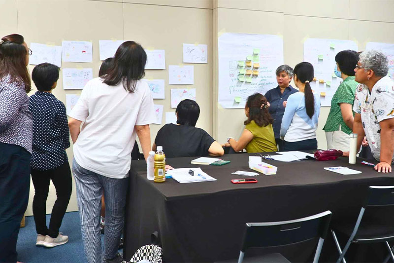 2 people presenting a mahjong paper filled with categorised post-it notes in a workshop setting